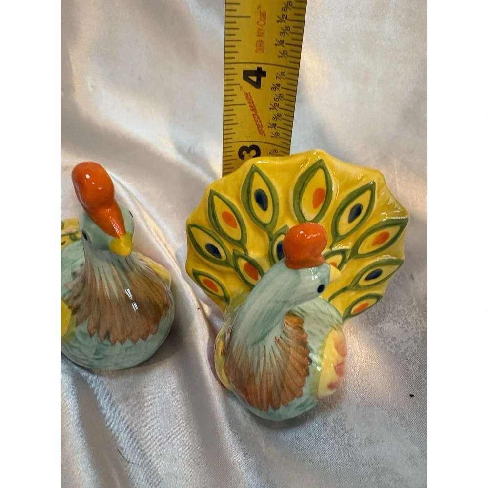 Pier 1 One Peacocks Salt and Pepper Shakers Set Colorful Orange yellow green